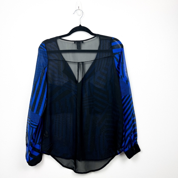 UK2LA Black and Blue Striped Sheer Button-Up Top - Picture 5 of 8